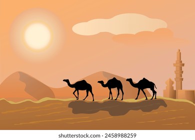 Desert camel caravan silhouette over the sunset or sunrise. Camel caravan, desert, mosque, sun, sand.