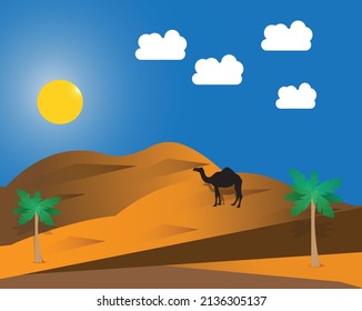 Desert With a camel. clouds, sunshine, trees Vector Design 