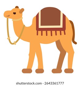 Desert Camel em Estilo Plano com uma sela marrom, perfeito para gráficos com temas islâmicos ou do Oriente Médio, aventuras no deserto, projetos do Ramadã, conteúdo de viagem e ilustrações educacionais.