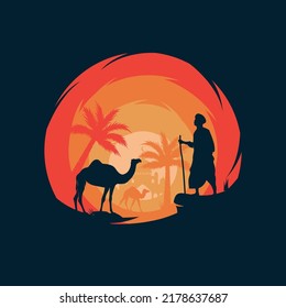 desert camel with mosque logo design template