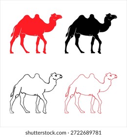 Desert Camel Silhouettes Coleção em preto vermelho e estilo de arte de linha de contorno