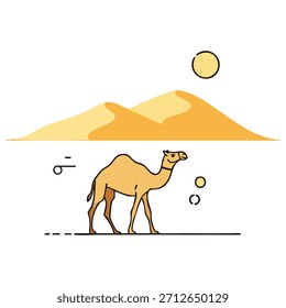 Desert Camel Vector Illustration with Sand Dunes and Sun in Minimalist Style, Flat Outline Animal Design for Travel, Nature, Wildlife, Safari and Adventure Concepts.
