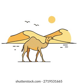 Desert Camel Vector Illustration with Sand Dunes and Sun in Minimalist Style, Flat Outline Animal Design for Travel, Nature, Wildlife, Safari and Adventure Concepts.