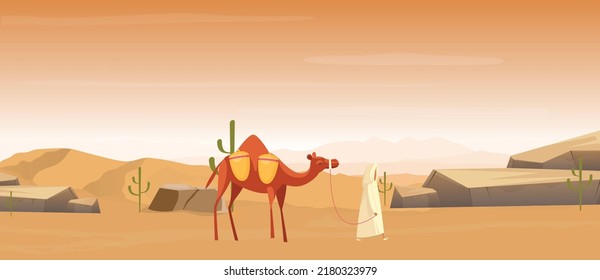 Desierto y camello caminando con el hombre Fondo 