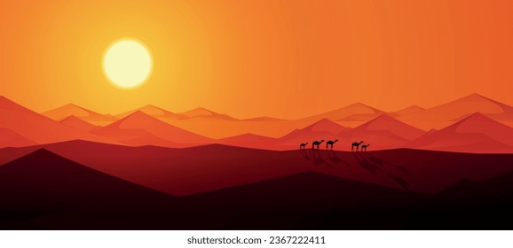 Desert camels composition with horizontal landscape of sunset in sands with silhouettes of walking camel coffle vector illustration