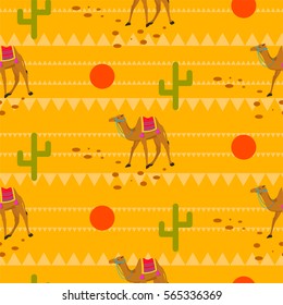 Desert camels in sands seamless pattern. Yellow ground with cactus and red sun tribal vector background.