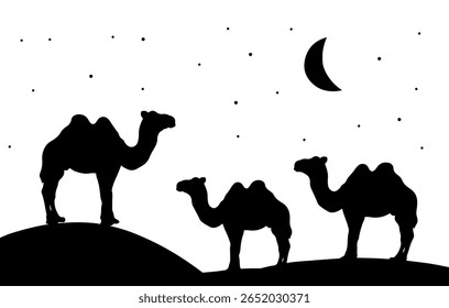 Desert camels at sunset create a stunning silhouette, illustrating the wild beauty of nature's landscape and the spirit of travel