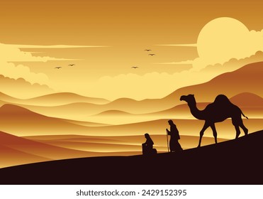 desert and camels. You can use it for Islamic backgrounds, banners, posters, websites, social media and print media. Vector illustration. EPS 10