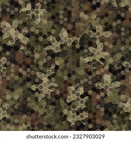 Desert camouflage seamless pattern background. Classic clothing style masking camo repeat print. Brown, olive and khaki colors forest texture. Vector illustration.