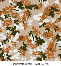 Desert camouflage of various shades of brown, green and grey colors. It is a colorful seamless pattern that can be used as a camo print for clothing and background and backdrop or computer wallpaper