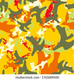 Desert camouflage of various shades of orange, red, green, white and grey colors. It is a colorful seamless pattern that can be used as a camo print for clothing and background and backdrop or compute