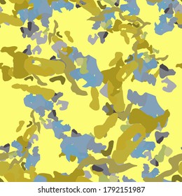 Desert camouflage of various shades of yellow, blue nad grey colors. It is a colorful seamless pattern that can be used as a camo print for clothing and background and backdrop or computer wallpaper
