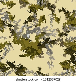 Desert camouflage of various shades of yellow, green and grey colors. It is a colorful seamless pattern that can be used as a camo print for clothing and background and backdrop or computer wallpaper
