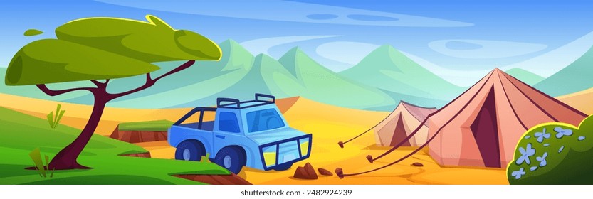 Desert camp with auto and tent. Vector cartoon illustration of summer landscape with sandy dunes, green grass on hills, trees and flowers, blue sky, car parked near camping house, travel campsite