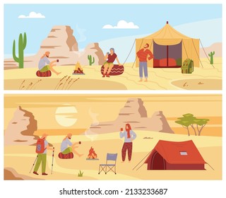 Desert camp at dawn and sunset cartoon vector illustration. Tourist people have dinner or morning coffee near their tent in Australian or Arabian desert, mountains and cactus on the background.