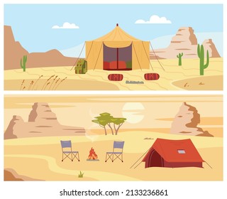 Desert camp day landscape with tents at mountain backdrop, flat vector illustration. Oasis tourist camp in sand desert backgrounds or scenery collection.