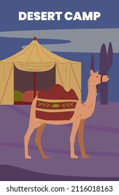 Desert Camp Journey Banner Or Poster Layout With Camel Near Bedouin Tent At Night, Flat Vector Illustration. Desert Exotic Traveling Banner Or Flyer Design.