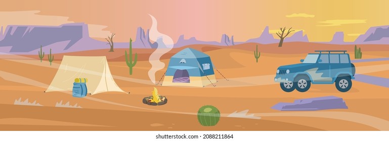 Desert camp panorama flat vector illustration. Tents and off road car near campfire.  