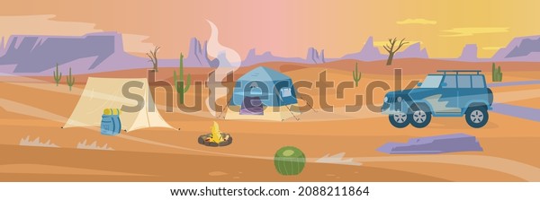 Desert camp panorama flat vector
illustration. Tents and off road car near campfire. 
