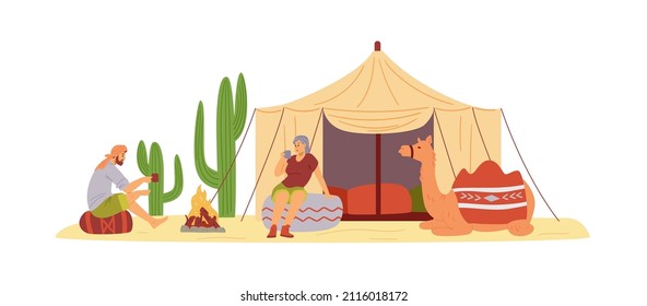 Desert camp with tent and camel, flat vector illustration isolated on white background. Tourists or travelers in desert camp resting and drinking hot drinks.