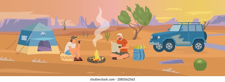 Desert camp with tourists near campfire flat vector panorama landscape. Couple man and woman travelling in desert by off road car. 