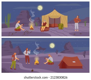 Desert camping banner or horizontal flyers collection with tourists resting near campfire at night, flat vector illustration. Desert camp advertising banners or posters.