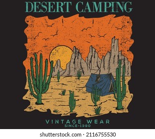 Camping desierto con diseño de huellas de cactus para camisetas y otros. Obra vectorial de vibraciones del desierto. 