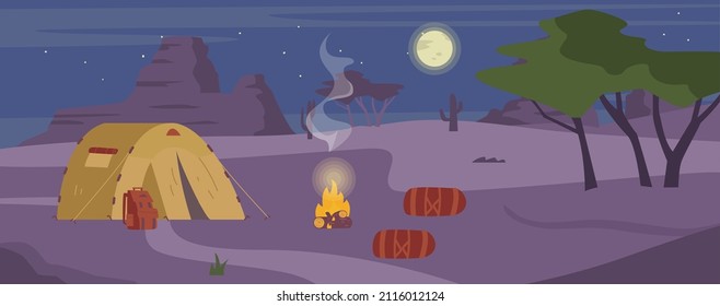 Wüstencamping Nacht mit brennendem Lagerfeuer in der Nähe von Touristenzelten, flache Vektorgrafik. Hintergrund oder Banner-Design zum Thema Erholung und Reisen in der Wüste.