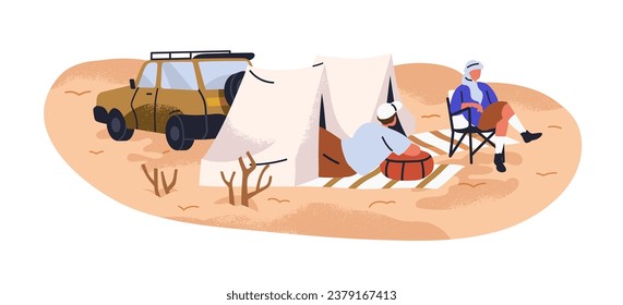 Acampada en el desierto. Los turistas viajan en pareja en coche, relajándose en las tiendas de campaña entre la arena. Los campistas viajan. Viaje, viaje, aventura en Sahara. Ilustración vectorial plana aislada en fondo blanco