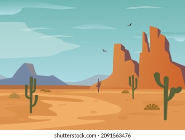 Desert Canyon With Cacti Illustration. Yellow Sandy Hills And Hot Sky With Flying Vultures Natural Sandstone Landscape Of Beautiful Arid Desert Without Oasis. Vector Cartoon Landscape.