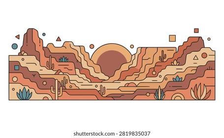 Desert canyon landscape featuring giant cacti, sunset, and geometric rock formations in vector art.