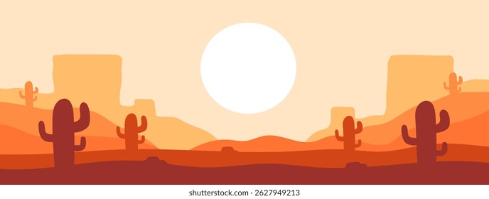 Desert and canyon mountain landscape terrain on sunset scene. Cartoon flat design background vector illustration.