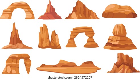 Desert canyon rock formations set, sandstone cliffs arches and mountains collection, nature landscape illustration, wild west terrain design
