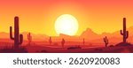 Desert with canyons and mountains at sunset. Beautiful sunset landscape of desert nature with cacti and mountains. Wild West. Hot climate. Sandstones. Amazing red mountains.
