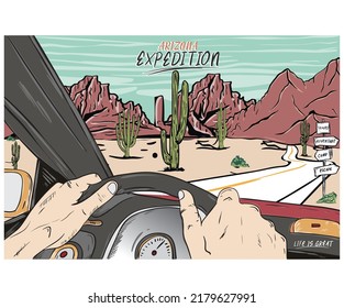 Desert car ride graphic print artwork for apparel, t shirt, sticker, poster, wallpaper and others. Arizona desert road trip artwork.