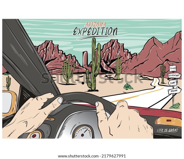 Desert car ride graphic print artwork for\
apparel, t shirt, sticker, poster, wallpaper and others. Arizona\
desert road trip\
artwork.