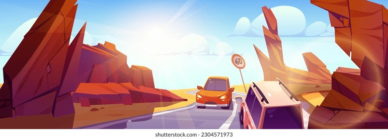 Desert car road traffic in canyon cartoon illustration. Vector highway in rocky hot landscape. Tourism drive asphalt way on automobile adventure in stone valley with sunshine beams in blue sky.