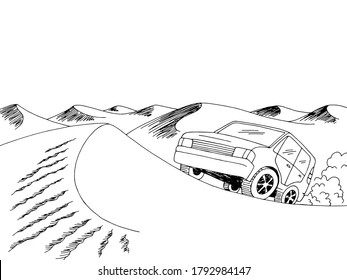 Desert car travel graphic black white landscape sketch illustration vector