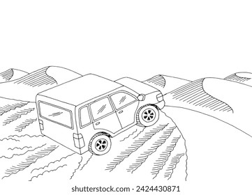 Desert car travel graphic black white landscape sketch illustration vector 