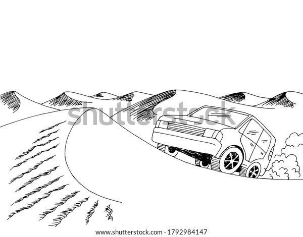 Desert car travel graphic black white landscape\
sketch illustration\
vector