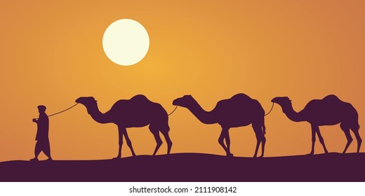 Desert, caravan of camels. Vector illustration.