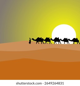 Cena da caravana do deserto. Transporte de camelos. Paisagem de dunas de areia. Ilustração de viagem vetorial.