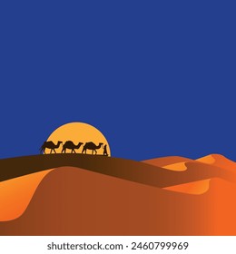 The desert and the caravan wandering through the dunes. Vector landscape at night in the desert.