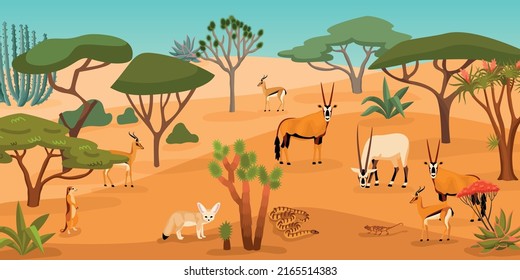 Desert Cartoon Background With Wild Animals Walking Among Cacti And Saxauls Flat Vector Illustration