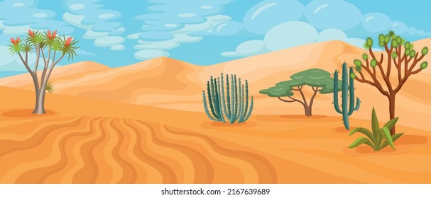 Desert cartoon horizontal illustration with different forms of cactus trees and bushes at sandy dunes background vector illustration