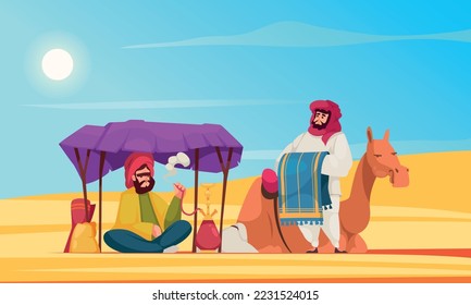 Desert cartoon poster with people in traditional arab clothes and camel vector illustration