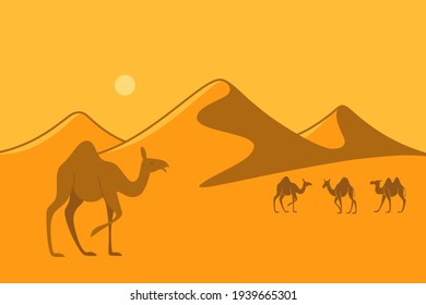 С amel en el desierto. Dibujo vectorial de dibujos animados con camellos y montañas de arena.