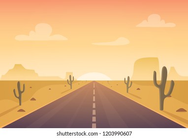 Desert cartoon vector landscape with asphalt road background. Nature desert horizon travel road with cactus sunset.