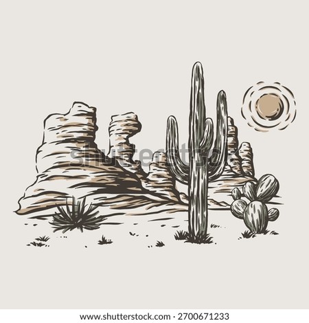 Desert Castus Sunset Hand Drawing Western Art