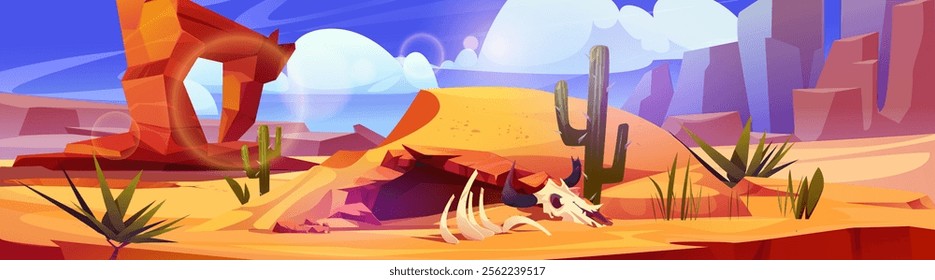 Desert cave entrance with animal skeleton - sandy cavern surrounded by red rock arch, tall cactuses, agave plants and bone remains under bright blue sky. Drought wilderness landscape environment.